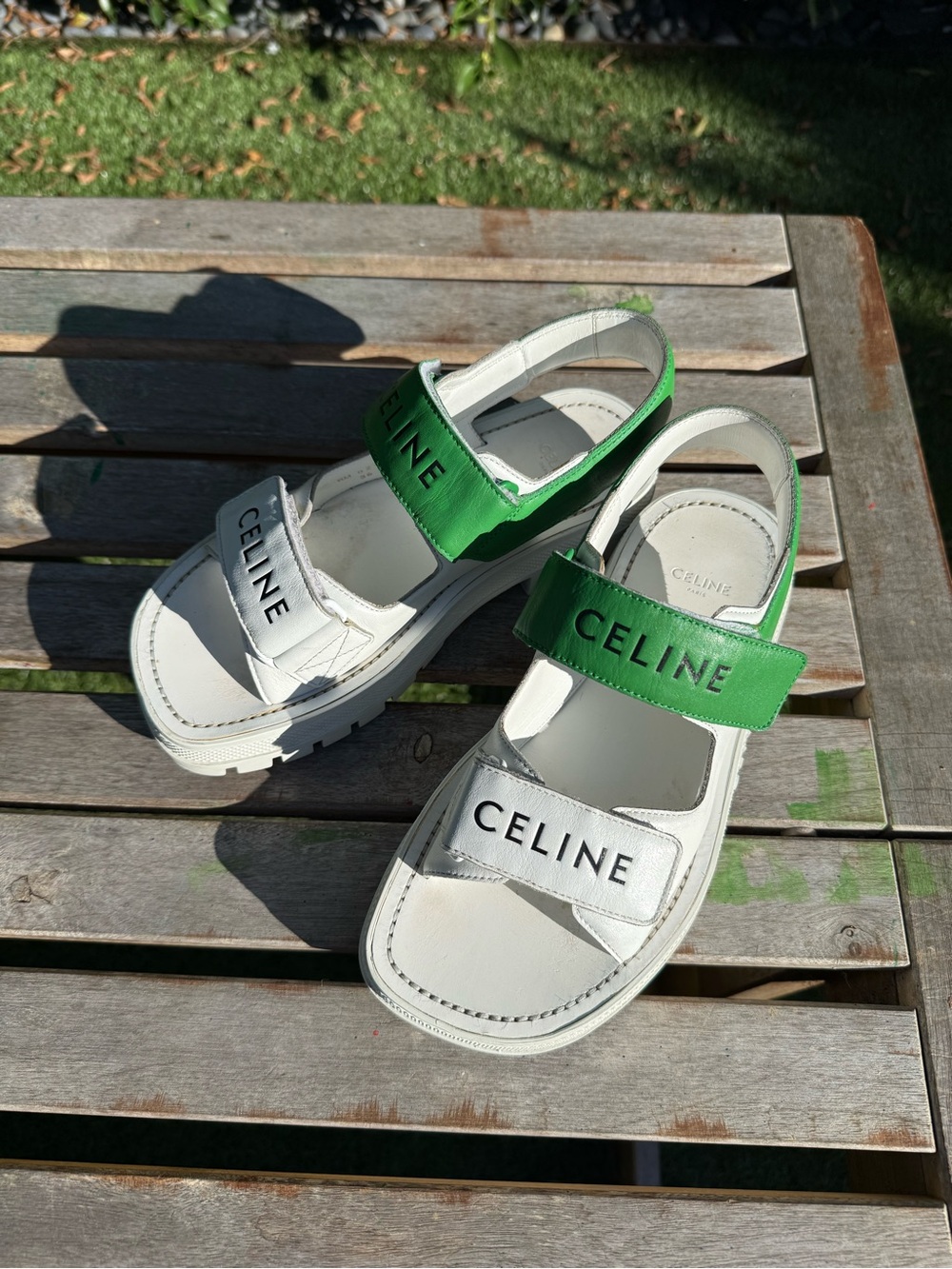 💚 Celine Leo scratch calfskin double-strap sandals in white & green Sz 6 / 37 💚